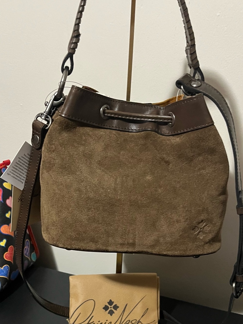 Patricia Nash Brown Suede Fringe Drawstring Shoulder Bag with Leather Trim - Picture 2 of 7